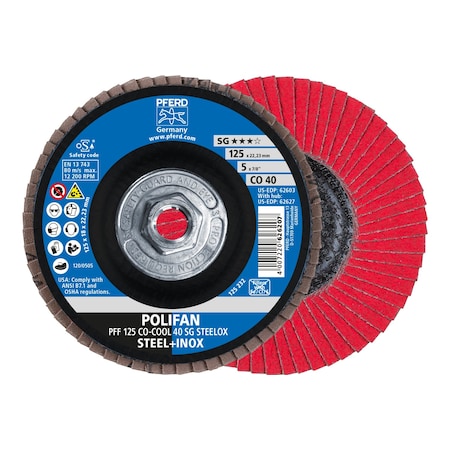 5 X 5/8-11 Thd. POLIFAN® Flap Disc - CO-COOL SG STEELOX, Ceramic Oxide, 40 Grit, Flat